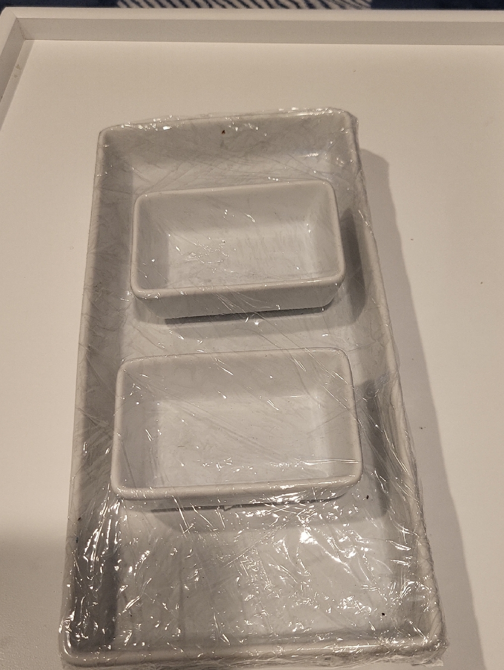 White Ceramic Rectangular Tray with Two Ramekins
